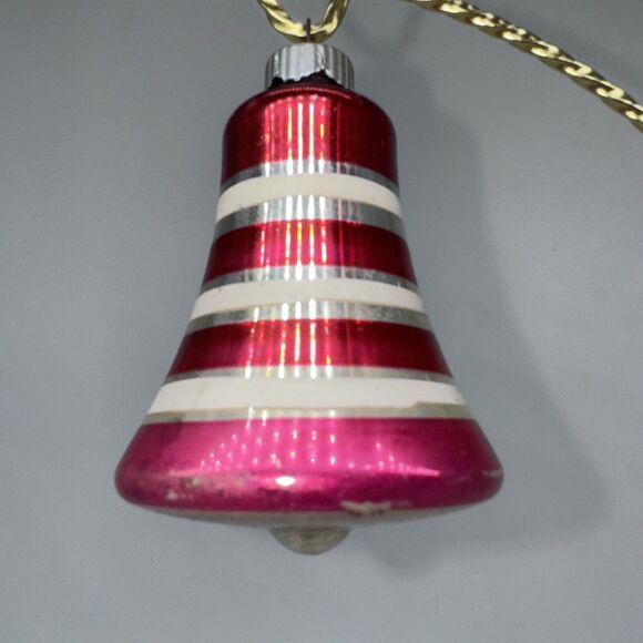 Auth Vintage Shiny Brite Striped Bell Glass Ornament 3" Pink Red Silver White - Picture 3 of 9